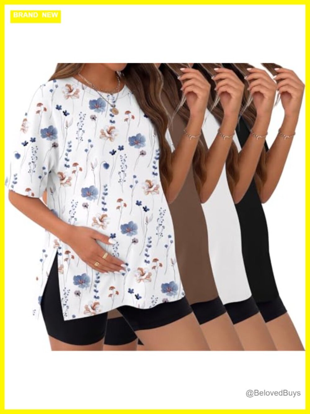 Ekouaer Maternity T-Shirt 4 Pack Drop Shoulder Side Split Loose Fit Crew Neck